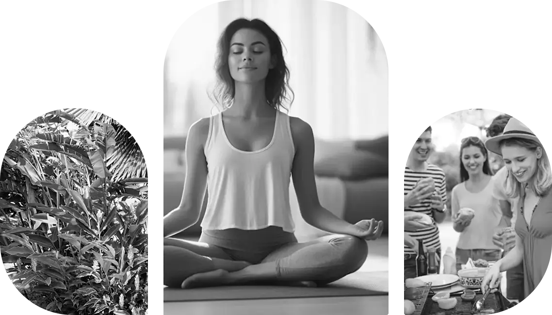 Lush tropical plants, Woman meditating indoors, Friends enjoying a barbecue