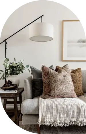 Neutral-toned living room with throw pillows